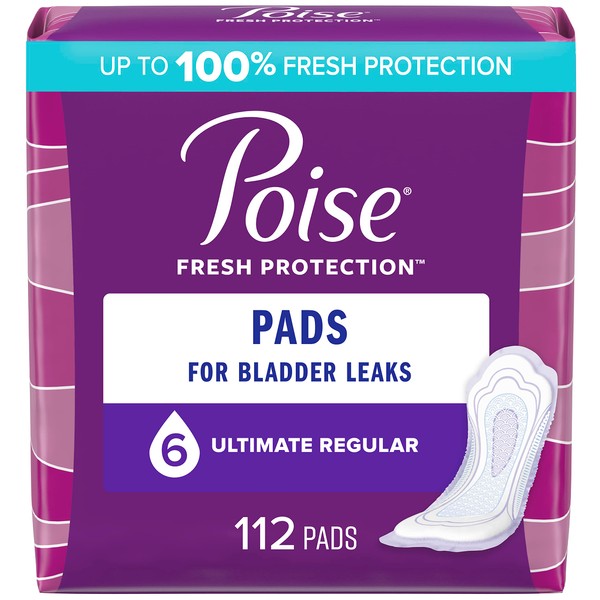 Poise Incontinence Pads & Postpartum Incontinence Pads, 6 Drop Ultimate Absorbency, Regular Length, 112 Count (2 Packs of 56), Packaging May Vary