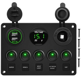 GOOACC Multi-Function 5 Gang Rocker Switch Dual USB Charger Digital Volmeter 12V Outlet Pre-Wired Switch Panel Green with Circuit Breakers for RV Car Boat Truck Trailer,2 Years Warranty