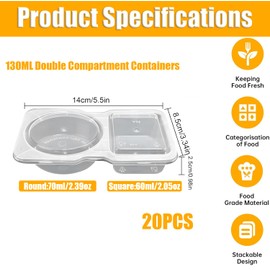 Yomitek 20-Piece Double Compartment Condiment Containers with Lids - Reusable Leakproof Snack and Sauce Storage Containers for Meal Prep, Travel Snacks, Salad Dressings & Dipping Sauces