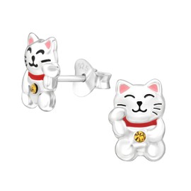 Zenvie Maneki-neko Waving Cat Good Luck Stud Earrings - 925 Sterling Silver Cute Asian Traditions Cute