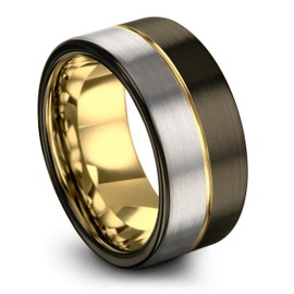 Midnight Rose Collection Tungsten Wedding Band Ring 10mm for Men Women 18k Yellow Gold Grey Plated Flat Cut Gunmetal Brushed Polished Size 6.5