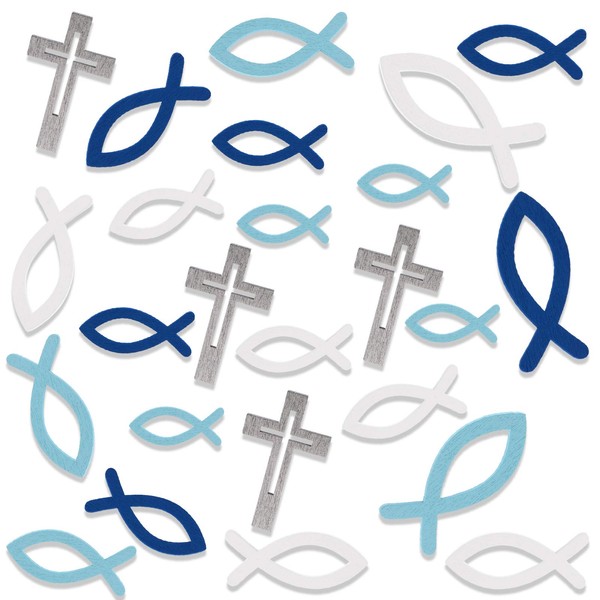 HOWAF 100pcs Wooden Fish Cross Decoration for Christening Communion Confirmation, Blue Fish Scatter Decoration for Christening Table Decoration, Fish Cross Boy Communion Decoration