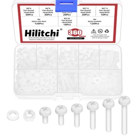 Hilitchi 360PCS 6 Sizes White Nylon Pan Round Head Screws M4 x 4/5/6/8/10/12MM Nylon Plastic Flat Round Head Screws Bolts with Hex Nuts and Gaskets Pan Head Machine Screw for Fastening