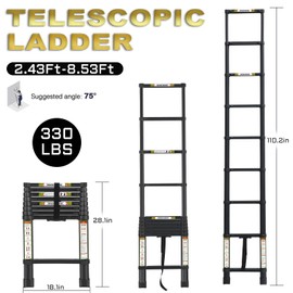Telescopic Ladder, 8.5FT RIKADE Aluminum Telescoping Ladder with Non-Slip Feet, Portable Extension Ladder for Household and Outdoor Working,330lb Capacity Black