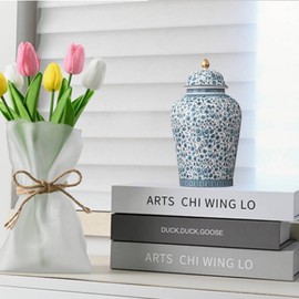 MYMYYT 12 inches blue Ginger Jar - floral pattern Ceramic Decorative with Lid vase， chinoiserie gift Enamel large jars for Home/Kitchen/Dining/living room/shelf decor/Tea Storage