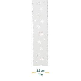 Halbach Seidenbänder Christmas Ribbon 25 mm x 18 m Gift Ribbon for Christmas Gift Wrapping, Ribbon with Stars Printed in Silver and Lurex Edges, Colour: White