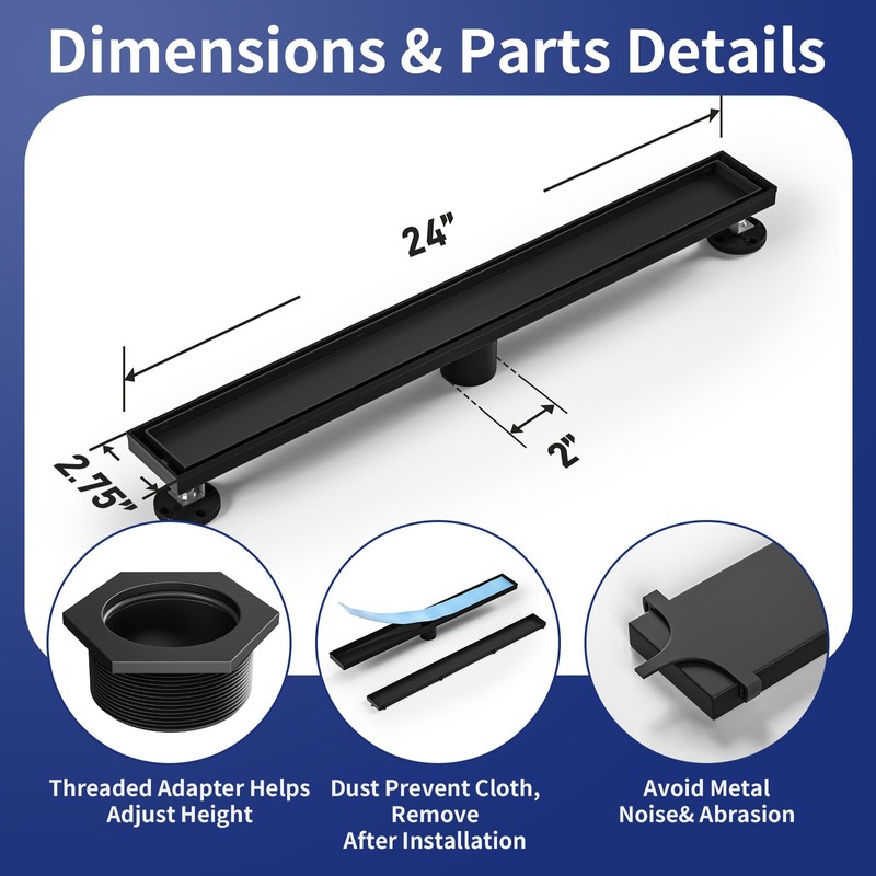 Bernkot Linear Shower Drain 24", Matte Black Floor Drain with