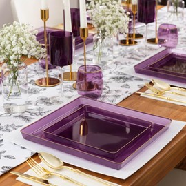 EcoQuality 10.75" inch Disposable Square Translucent Purple Plastic Plates with Gold Rim, China Like Party Plates, Heavy Duty Dinner Plate, Salads, Weddings, Baby Showers, Catering, Non Toxic (60)