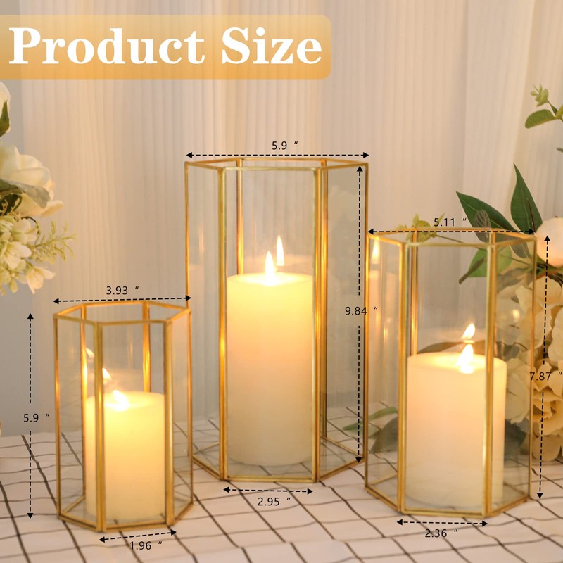 Glass Hurricane Candle Holder, Set of 3 Large Clear Hexagon