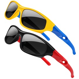 AHXLL 2Pack Flexible Kids Polarized Sunglasses For Boys Girls With Strap, Sport Sunglasses for Children Age 3-10 (Black Red+ Yellow Blue)