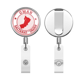 Oman Map Grunge Stamp Flag Blot Round ID Badge Key Card Tag Holder Badge Retractable Reel Badge Holder with Belt Clip