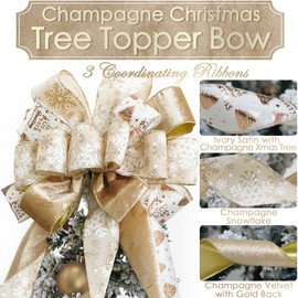MEEDEE Champagne Christmas Tree Topper Champagne Glitter Christmas Bows 12" Wide Velvet Christmas Bows Gold Christmas Bows Champagne Bows for Christmas Tree Velvet Bows for Christmas Tree (1 Pack)