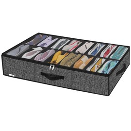 Onlyeasy Sturdy Under Bed Shoe Storage Organizer Fit 16 Pairs, Collapsible Closet Underbed Shoes Container Bags with Reinforced Handles, 37.7x23.6x5.9in, Linen-like Black, MXAUBS16P1