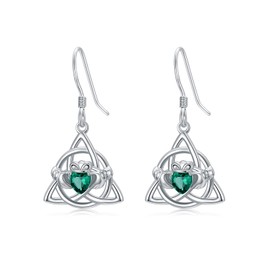 Irish Claddagh Earrings 925 Sterling Silver Simulated Birthstone Emerald Green Dangle Drop Earrings Celtic Knot Jewelry Gifts for Women Wife Mom, Cubic Zirconia