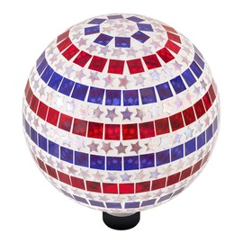 Alpine Corporation 10" Diameter Indoor/Outdoor Patriotic Glass Stars and Stripes Gazing Globe Yard Decoration, Red, White and Blue