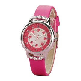 PASNEW Kids Watch,Analogue Classic Quartz Children Watch Waterproof with Floral Dial Diamond Leather,Pink