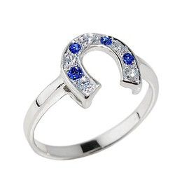 Fine 925 Sterling Silver Blue and White CZ Lucky Horseshoe Ring (Size 5)
