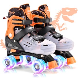 2PM SPORTS Kids Roller Skates for Boys Girls Age 4-6 5-8 6-12 8-12 with Light Up Wheels, Outdoor Indoor Adjustable Rollerskates for Youth Toddler Beginner Size 10C 11C 12C 13C 1 2 3 4 5 6 Dinosaur