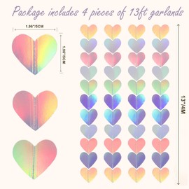 52Ft Iridescent Disco-Holographic Heart Streamers Garland Party-Decorations, Paper Heart Banner for Christmas Wedding Engagement Hanging Bachelorette Neutral Baby Bridal Shower Lasting Surprise