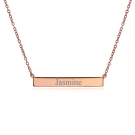 Thin Name Plated Style Engravable Sideways Diagonal Flat Bar Pendant Necklace For Women Rose Gold Plated Sterling Silver