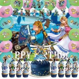 42pcs Zeldas Birthday Party Supplies Pack Includes，Banner，Cake Topper，Blackdrop,Balloons for Zeldas party supplies