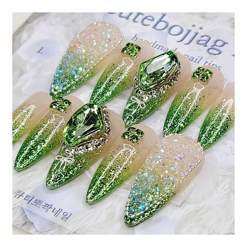 Green Glitter Handmade Nail Tips - Almond S / 그린