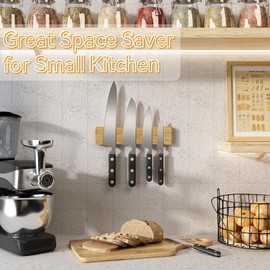 Magnetic Knife Holder for Wall, 10" Acacia Wood Knife Magnetic Strip Powerful Magnet Knife Holder Strip No Drill Use as Tool Key Storage Knife Bar, Knife Rack for Kitchen Utensil Organizer Light Brown