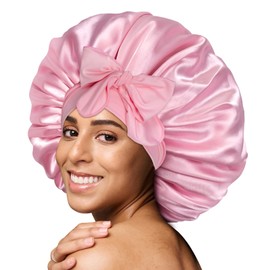 BONNET QUEEN Silk Bonnet for Sleeping Women Big Satin Bonnet Night Sleep Cap Wrap for Curly Hai rwith Adjustable Tie Band, Single Layer, Large, Pink