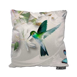 Nicokee Cotton Linen Pillow Covers Hummingbird Gathering Honey Green Blue Gray Throw Pillow Covers Cases for Couch Sofa Bed Home Decor 18 x 18 Inches