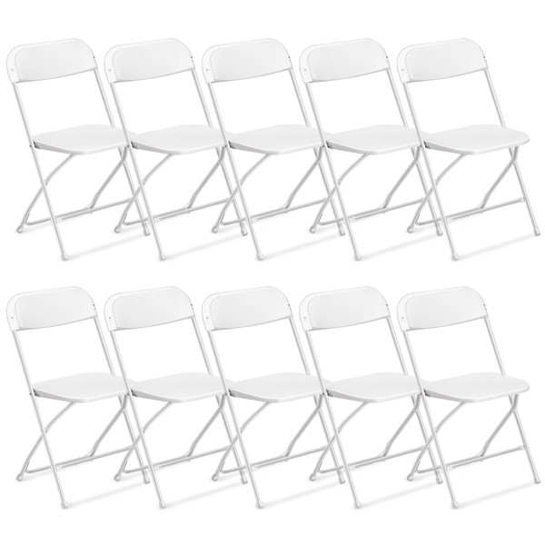 VINGLI 10 Pack White Plastic Folding Chair, Indoor Outdoor Portable Stackable Commercial Seat with Steel Frame 350lb. Capacity for Events Office Wedding Party Picnic Kitchen Dining