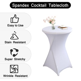 2Pack Black Spandex Cocktail Table Cover for Weddings Parties and Events 24x43 inch Elastic Round Tablecloth (White)