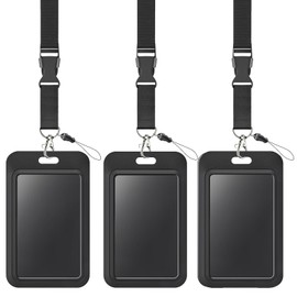 Pawfly 3 Pack Badge Holder Hard Black Vertical Plastic Card Case Protector Office School ID Credit Proximity Key Card Driver License and Pass Removable Strap Sliding