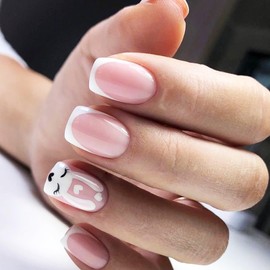 KKUUOO White French Tip Press on Nails Short Square Fake Nails Easter False Nails with Cute Bunny Designs Full Cover Glossy Stick on Nails Reusable Acrylic Nails for Women and Girls Easter Manicure