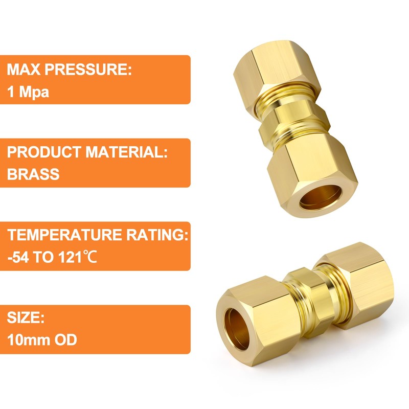 GASHER 10PCS Brass Compression Tube Pipe Fitting, 10mm OD x