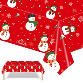 2PCS Christmas Tablecloth,137*274cm Large Red Snowman Xmas Party Table Cover,Disposable Rectangle Christmas Plastic Table Cloth for Christmas Party,Winter Holiday,Christmas Table Decorations