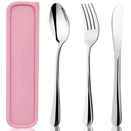 HANSGO 3PCS Portable Utensils Set with Case, Travel Cutlery Set Stainless Steel Utensils Reusable Silverware for Lunch Camping School Picnic Office Dishwasher Safe Pink