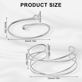 ChAusa 2 Pcs Silver Bracelet Upper Arm Cuff Bracelet Adjustable Upper Arm Bracelet with Smooth Opening Minimalist Style Punk Bracelet Metal Jewellery Open Arm Bracelet for Most Girls, Women