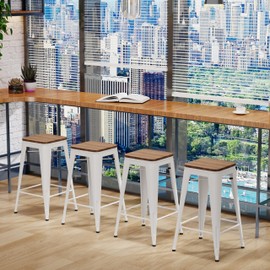 Changjie Furniture Bar Stools Industrial Counter Height Bar Stools Stackable Backless Barstools Set of 4 for Kitchen (30 inch, White)