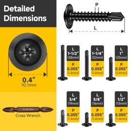 Mywish 185 Pieces #8 Self Tapping Screws Assortment Kit for Metal, Length 1/2"-1-1/2", 410 Stainless Steel Truss Head Self-Drilling Screws Black Oxided Quick Tapping Screw