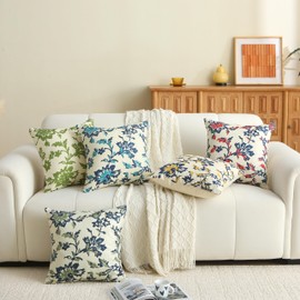 Cushions and Covers 45x45 Teal and Navy Blue Leaf Design Modern Farmhouse Botanical Pillow Covers Linen Decorative Pillows for Couch, Sofa, Outdoor Patio Spring Summer Home Decor Set of 2