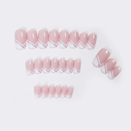 24 PCS Press on Nails, Short Square Diagonal French Gel Nail Fake Nails, Glue On Nails Kit, Reusable False Nails with Mini Nail File for Women, Diagonal French Square