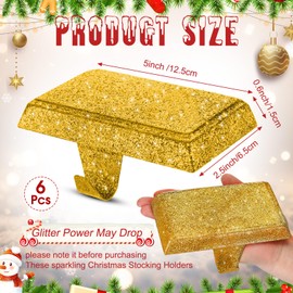 Huwena Christmas Stocking Holders Shiny Mantel Stocking Hangers Fireplace Hangers Glitter Hanging Hooks for Christmas Holiday Fireplace Window Table Supplies (Gold,6 Pcs)