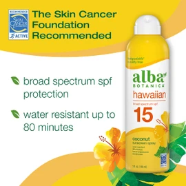 Alba Botanica Sunscreen Spray for Face and Body, Broad Spectrum SPF 15 Sunscreen, Hawaiian Coconut, Water Resistant and Biodegradable, 5 fl. oz. Bottle