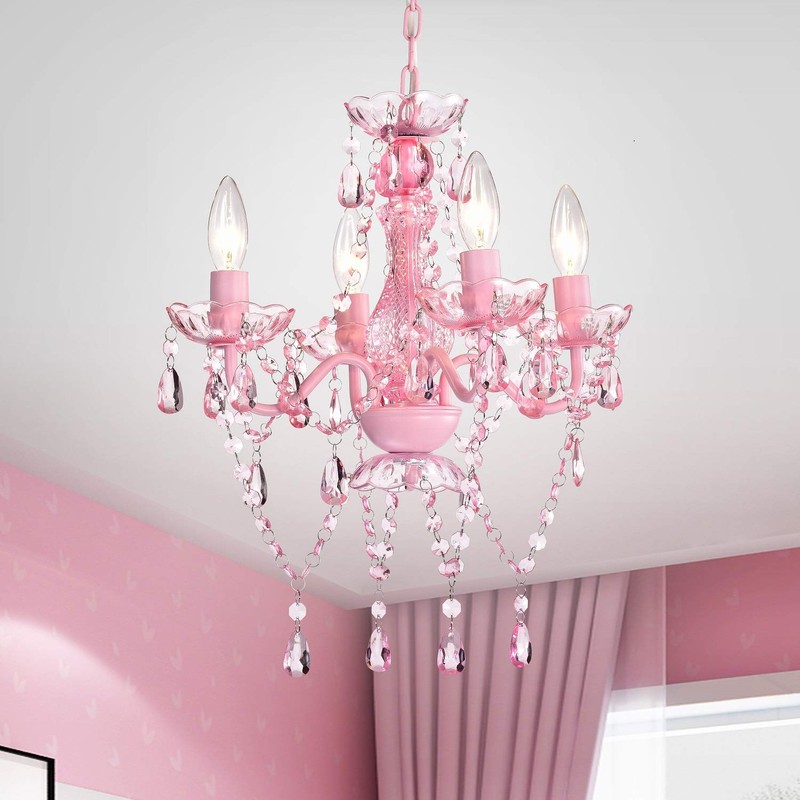 Mini Chandelier with Acrylic Crystals Pink Chandelier 4 Light Modern