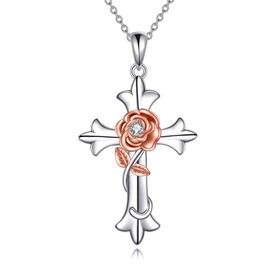 VONALA Cross Necklace Women 925 Sterling Silver Rose Flower Cross Pendant Chain with Zirconia Religious Faith Jewellery Birthday Gifts for Women Girlfriend Wife, Sterling Silver