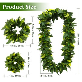 Green Hawaiian Lei Costume, 4pcs in 1 Set Hawaiian Artificial Moana Leaves Headband Lifelike Leaves Bracelet Neck Loop Costume for Women