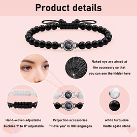 CheersLife Couples Bracelets 2 Pcs Matching Bracelets for Couples 100 Languages I Love You Projection Bracelets Couples Gifts Agate Stone Natural Stone Distance Relationship Gifts for Husband Wife