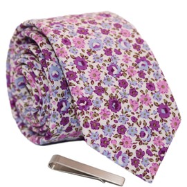 WITZROYS Men's Skinny Tie Floral Cotton Necktie and Tie Bar Clip Sets, Great for Weddings,Groom,Groomsmen (Purple & Pink #A25)
