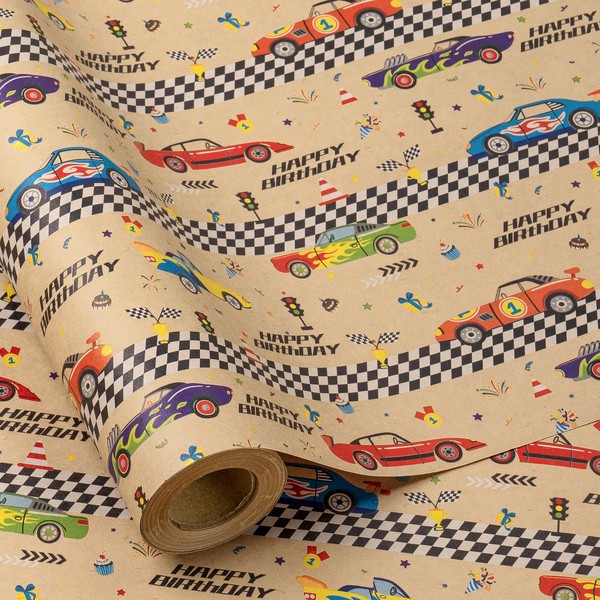 RUSPEPA Race Car Birthday Wrapping Paper for Boys, Mini Roll,