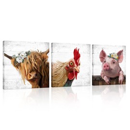 Farm Animal Farmhouse Wall Art: Highland Cow Rooster Pig Head Picture for Kitchen, 3 Piece Rustic Farmhouse Decor Vintage Canvas Print Living Room Home Decoration